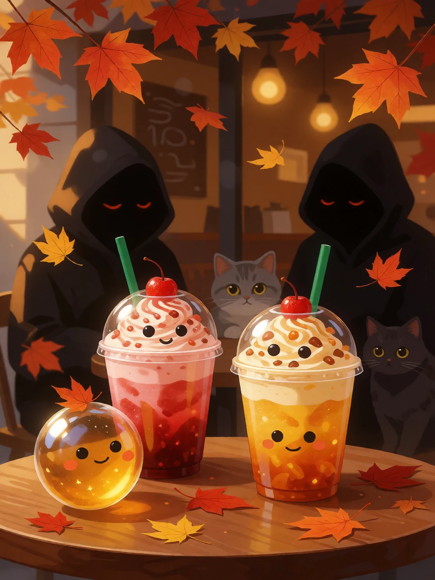Autumn, designs, leaves, shiny orbs, fancy drinks, mysterious people at a café with their cats