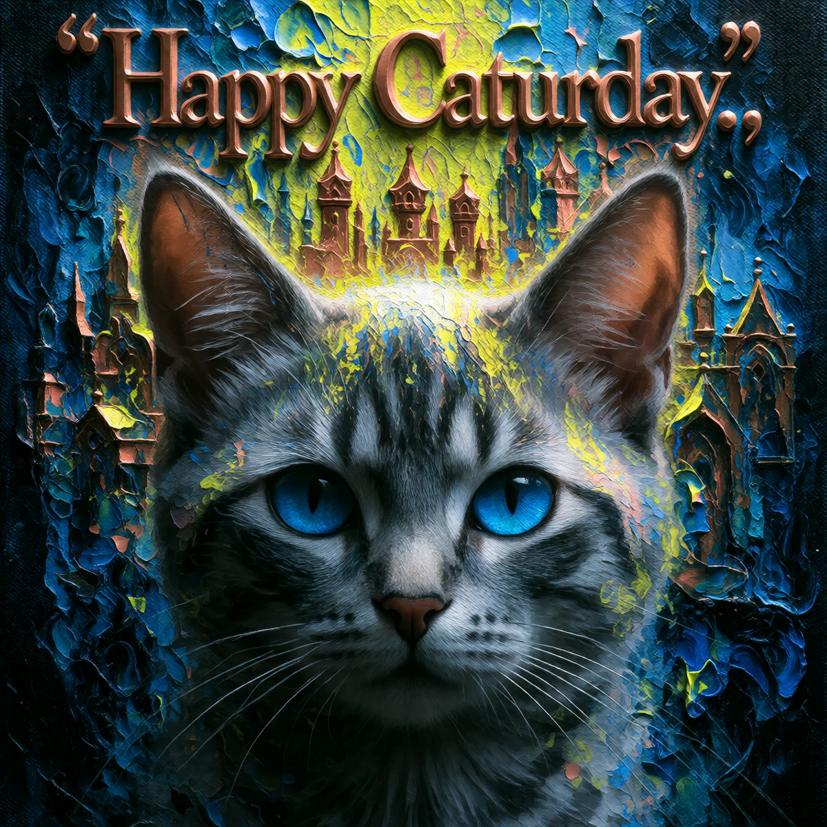 A detailed artistic portrait, with thé big inscription "Happy Caturday"on the top ,created on canvas using mixed media, depicting a captivating and ethereal cat. The face is painted in a smooth, realistic style, with cool, grey-blue skin tones, and i