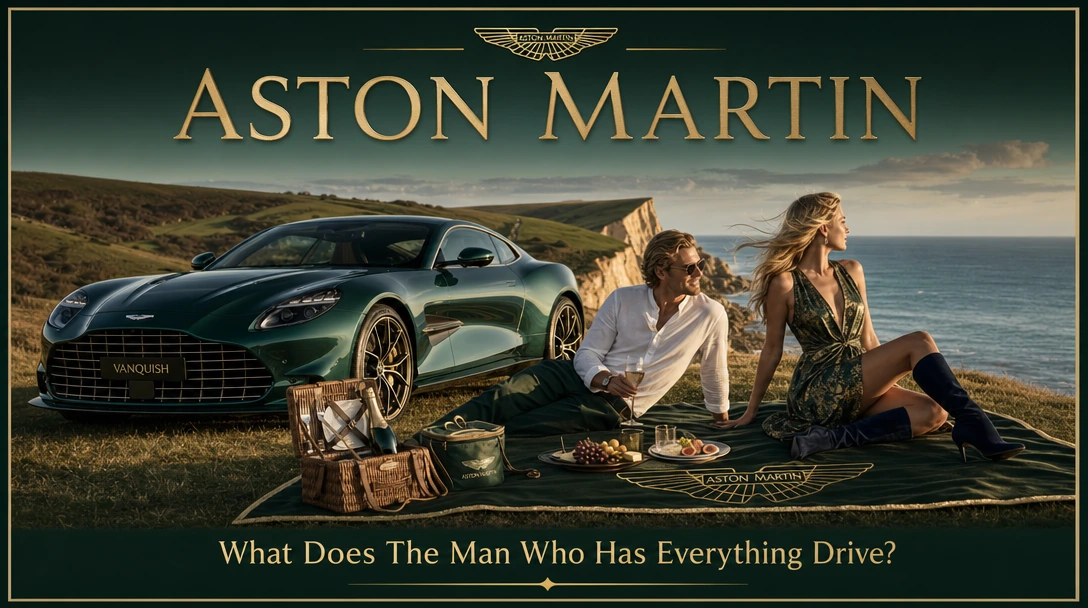 Aston Martin Vanquish; Brunswick Green colour, parked upon the idyllic Dorset hilltop overlooking Golden Cap. A handsome casually well dressed (Off-White Collarless Shirt, Dark Green Chinos) blonde gentleman enjoys a picnic on a blanket (Aston Martin