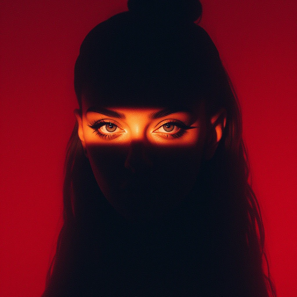 Create an image of a woman, rendered in dramatic chiaroscuro against a vibrant red backdrop. The woman is primarily silhouetted in deep black, with only her eyes and the area immediately surrounding them illuminated by a thin band of warm, reddish li