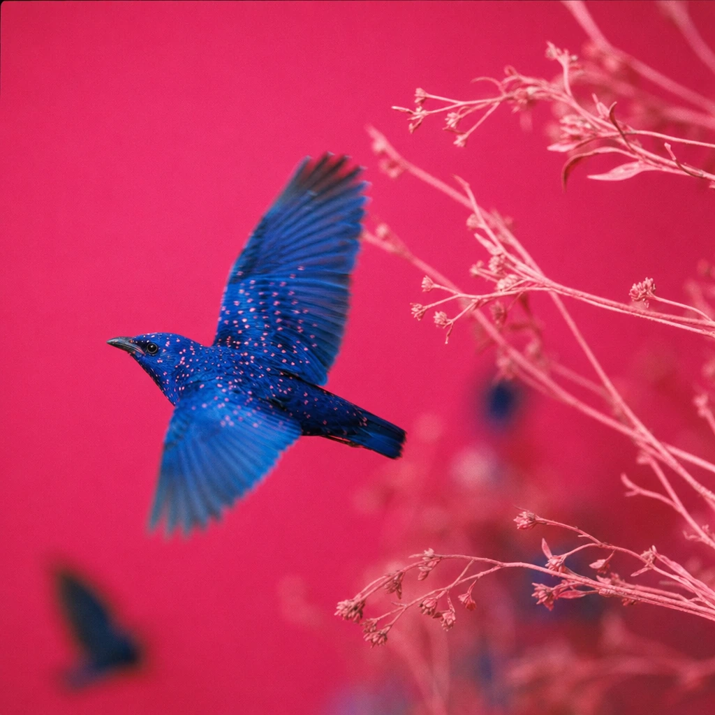 a digital artwork, cobalt blue with sparkling pink and orange polka dot, pastel pink branches right side of frame solid hot pink background, vibrant c
