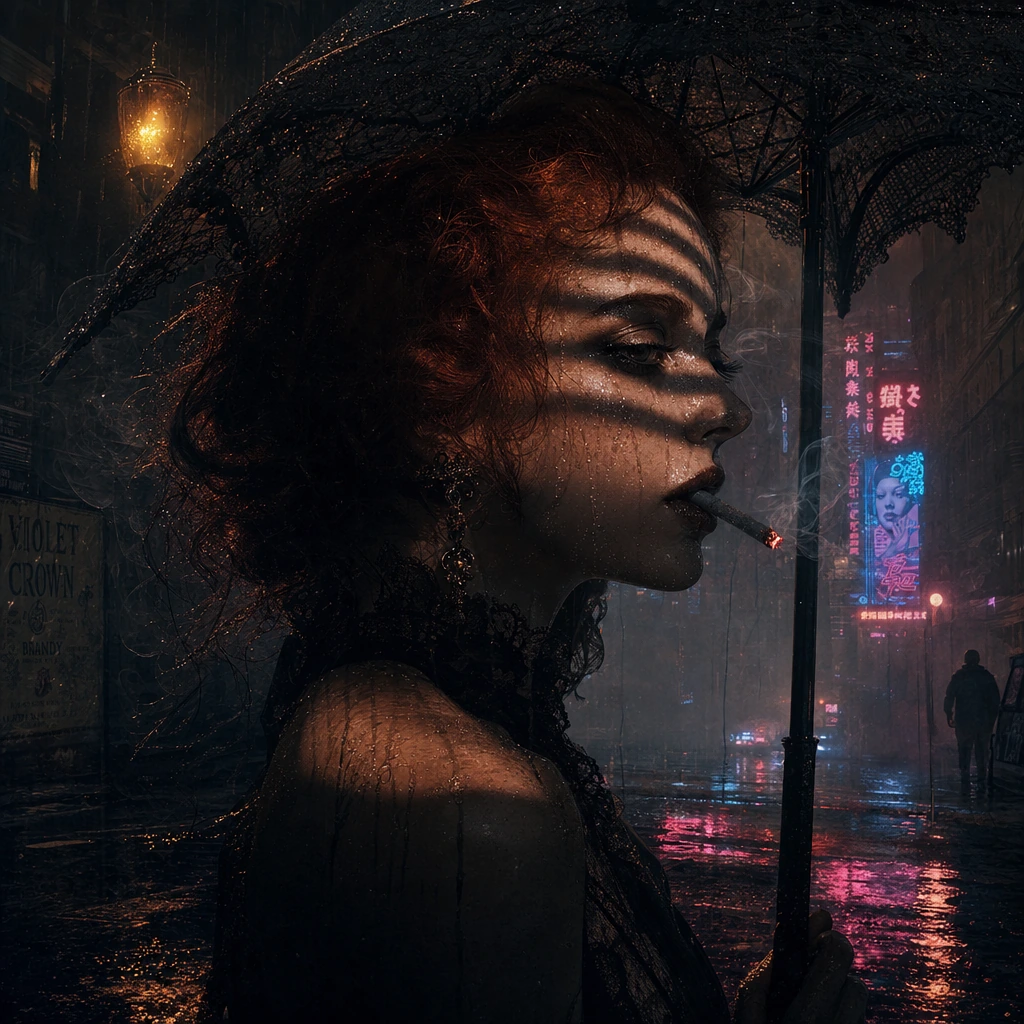 Profile portrait, film noir atmosphere, dramatic chiaroscuro lighting, venetian blind shadows slicing across face, rain-slicked skin with droplets cat