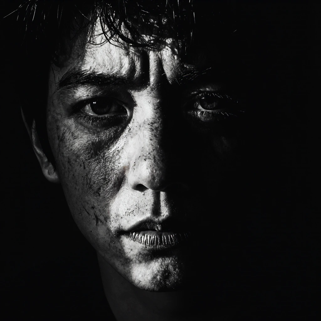 A dramatic close up portrait photograph of a deeply emotional person with intense eyes and raw facial expression, subtle skin texture and powerful character lines, isolated against a dark studio background, haunting and intimate atmosphere, high cont