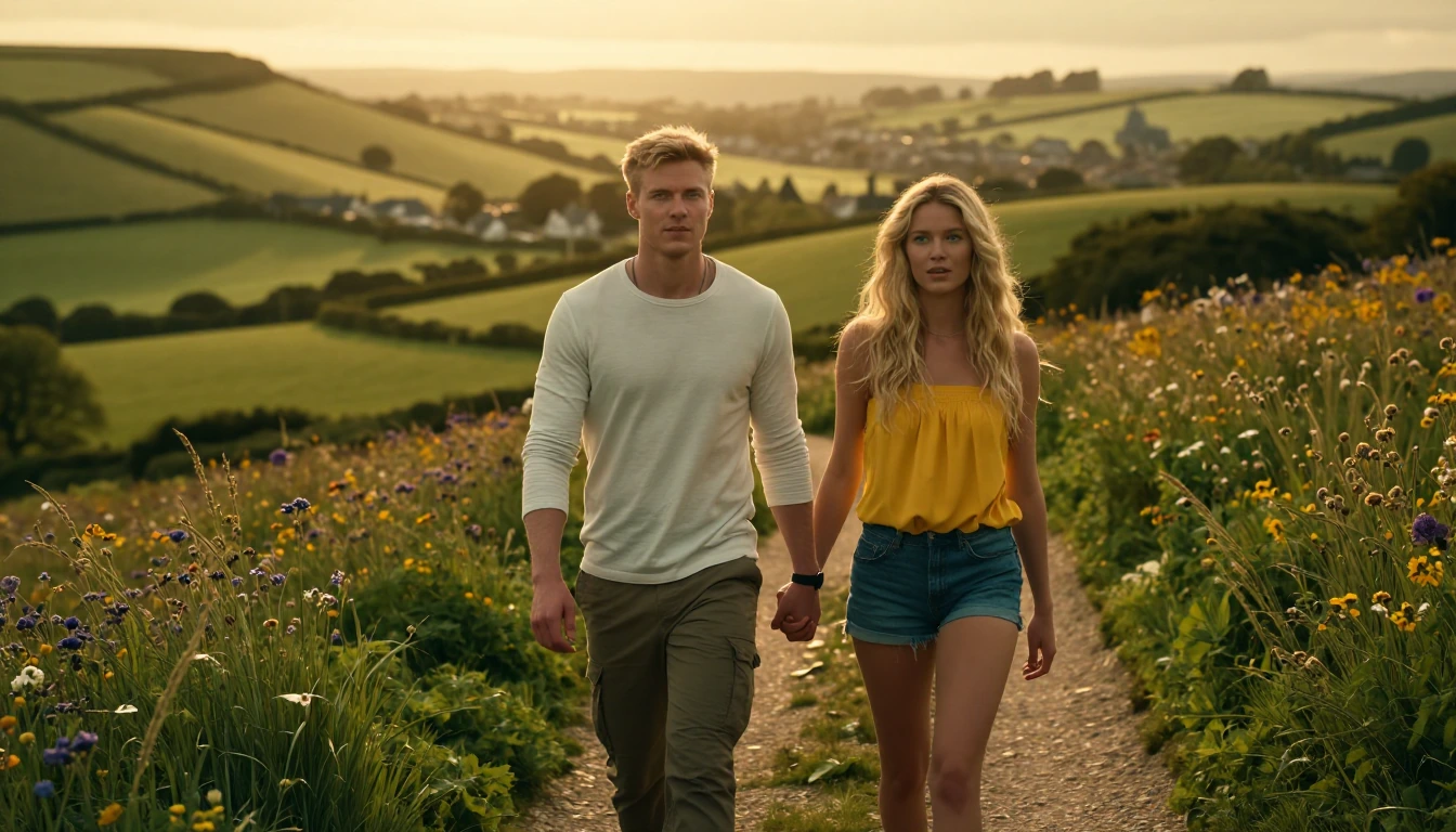 A clean shaven young blonde man with cropped short hair, blue eyes, and a casual long-sleeved white top paired with stone combat trousers walks hand-in-hand with a tall dirty-blonde supermodel wearing denim 3/4 length shorts and a bright yellow strap