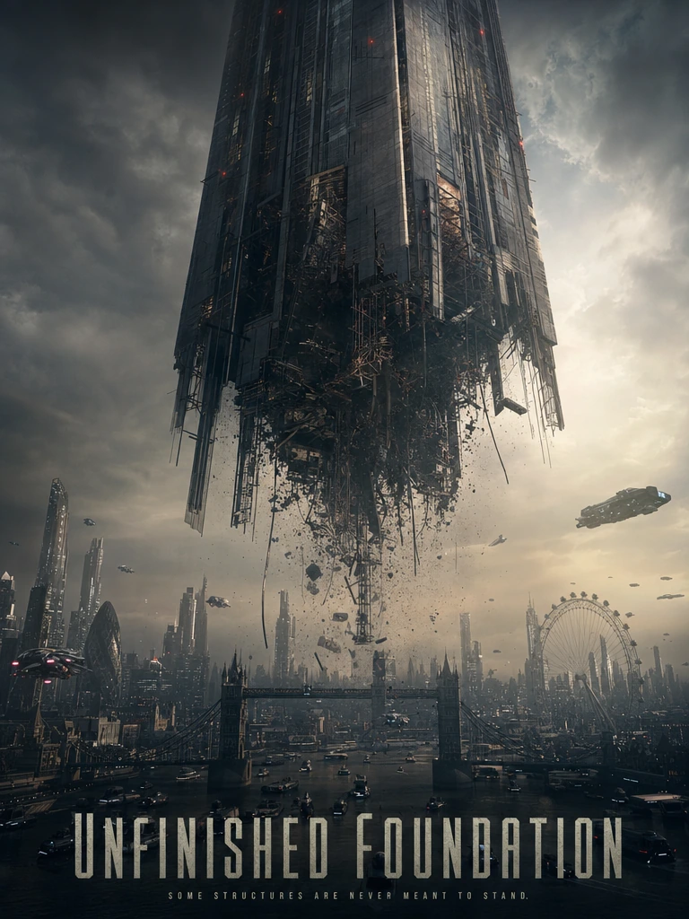 A magnificent skyscraper towering imperialistically above a futuristic London, the skyscraper has no foundations or ground floor and is visibly in the process of collapsing, dramatic unfinished beginning scene. Title "Unfinished Foundation"