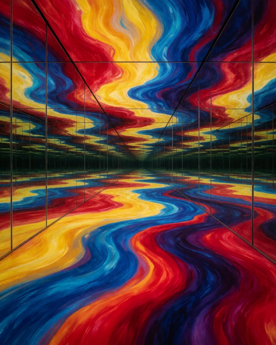 A boundless chamber of mirrors. Here, viscous rivers of red, yellow, blue, and indigo plasma flow across infinite facets, pooling and separating along