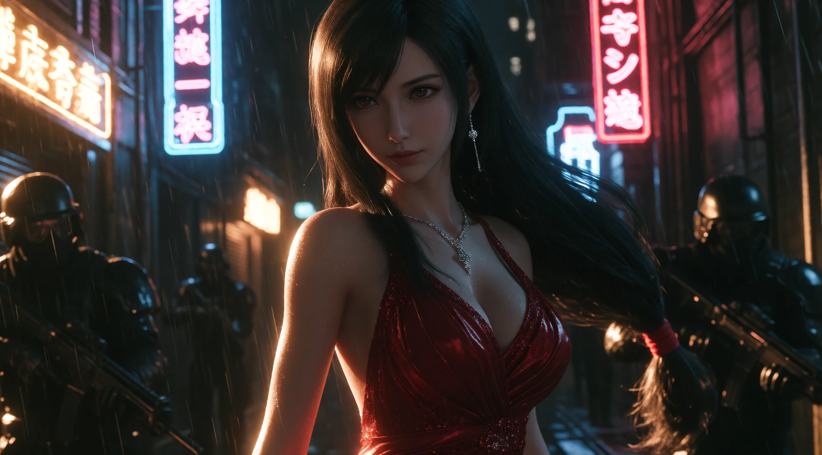 "tifa lockhart from final fantasy vii in a stunning elegant red evening gown, standing in a narrow rain-slick back alley at night, tense and combat-ready despite the formal wear, neon signs casting cool blue and warm amber light across her face and b