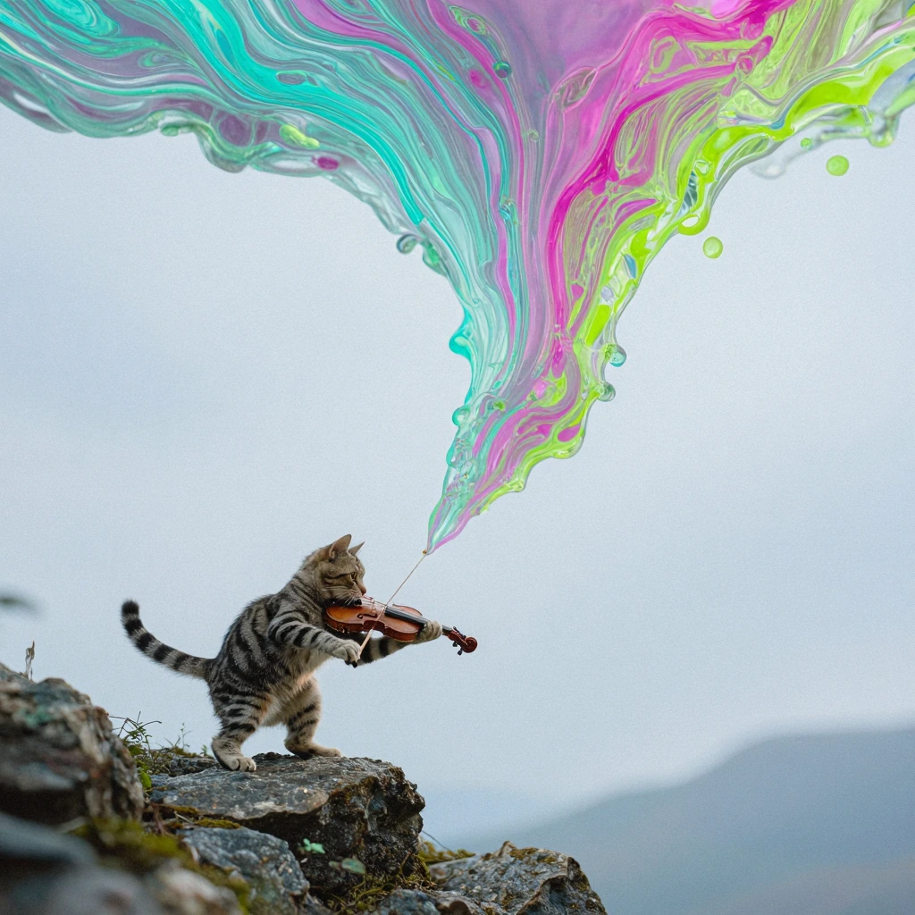 Surreal scene of a translucent ghostly river ascending into the sky while a striped tabby cat plays a tiny violin on rocks below, the water transformed into liquid colors—turquoise, magenta, and lime green—dripping upward like gravity is reversed