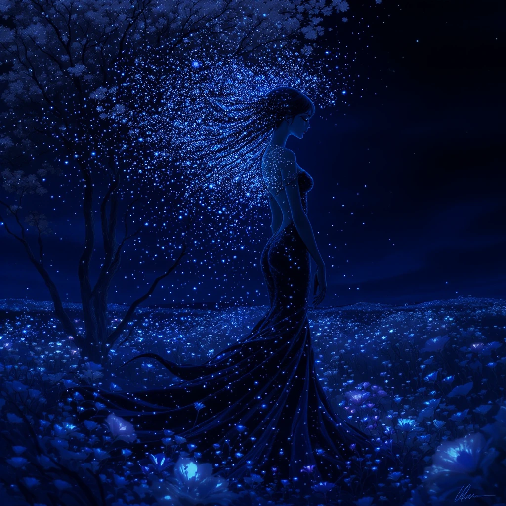 A photograph featuring a sleek silhouette sitting in a field filled with bokeh flowers. Her dress is glossy and long, flowing all around. The wind blo