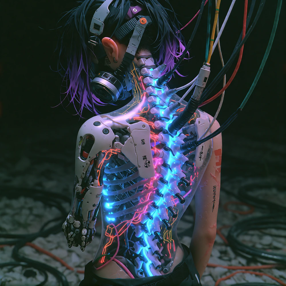 woman, solo,glowing mechanical spine, translucent body, biomechanical anatomy, neon blue circuits, black and purple hair in messy style, missing one a