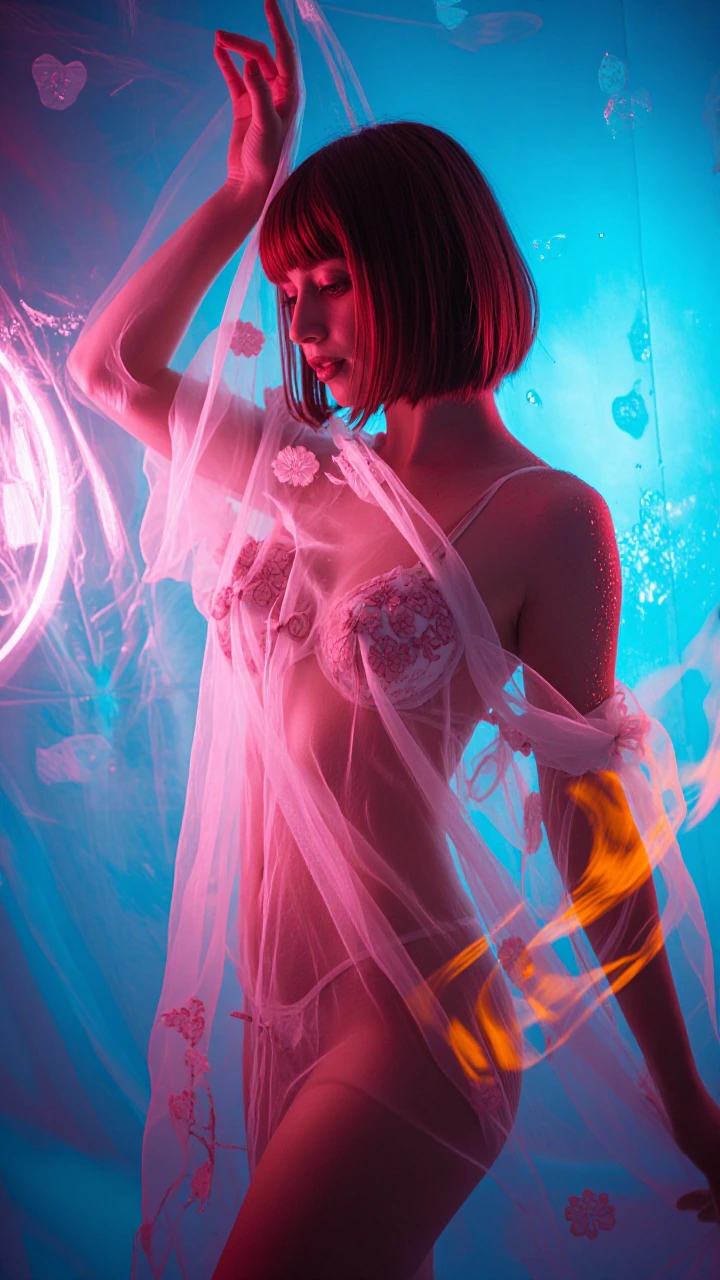 beautiful pink and cyan glow, woman in brunette bob hair, luminescence cyan background, sheer pink fabric with flower patters overlapping, double expo