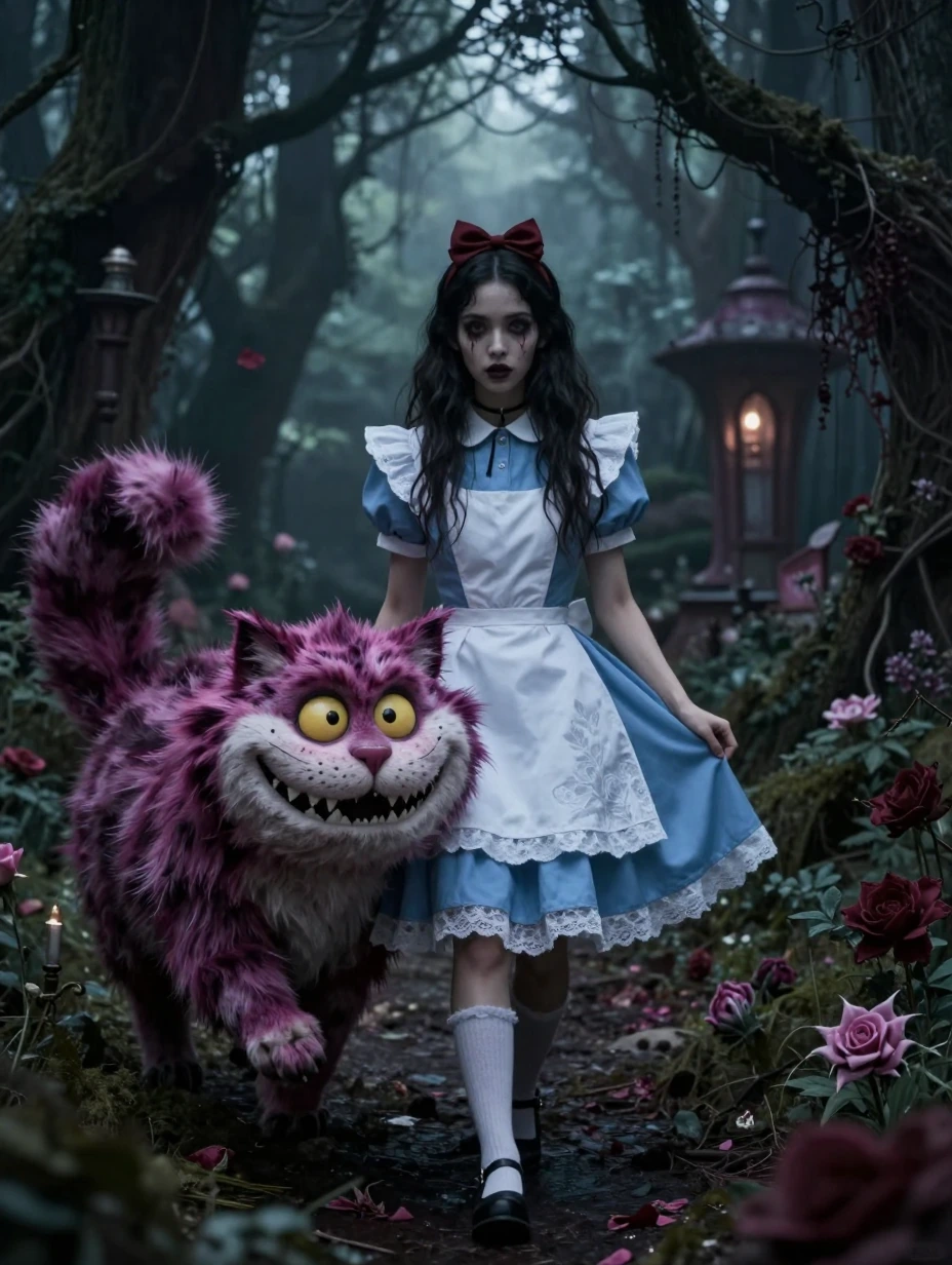 dystopian alice wonderland beside the Cheshire Cat, dark goth