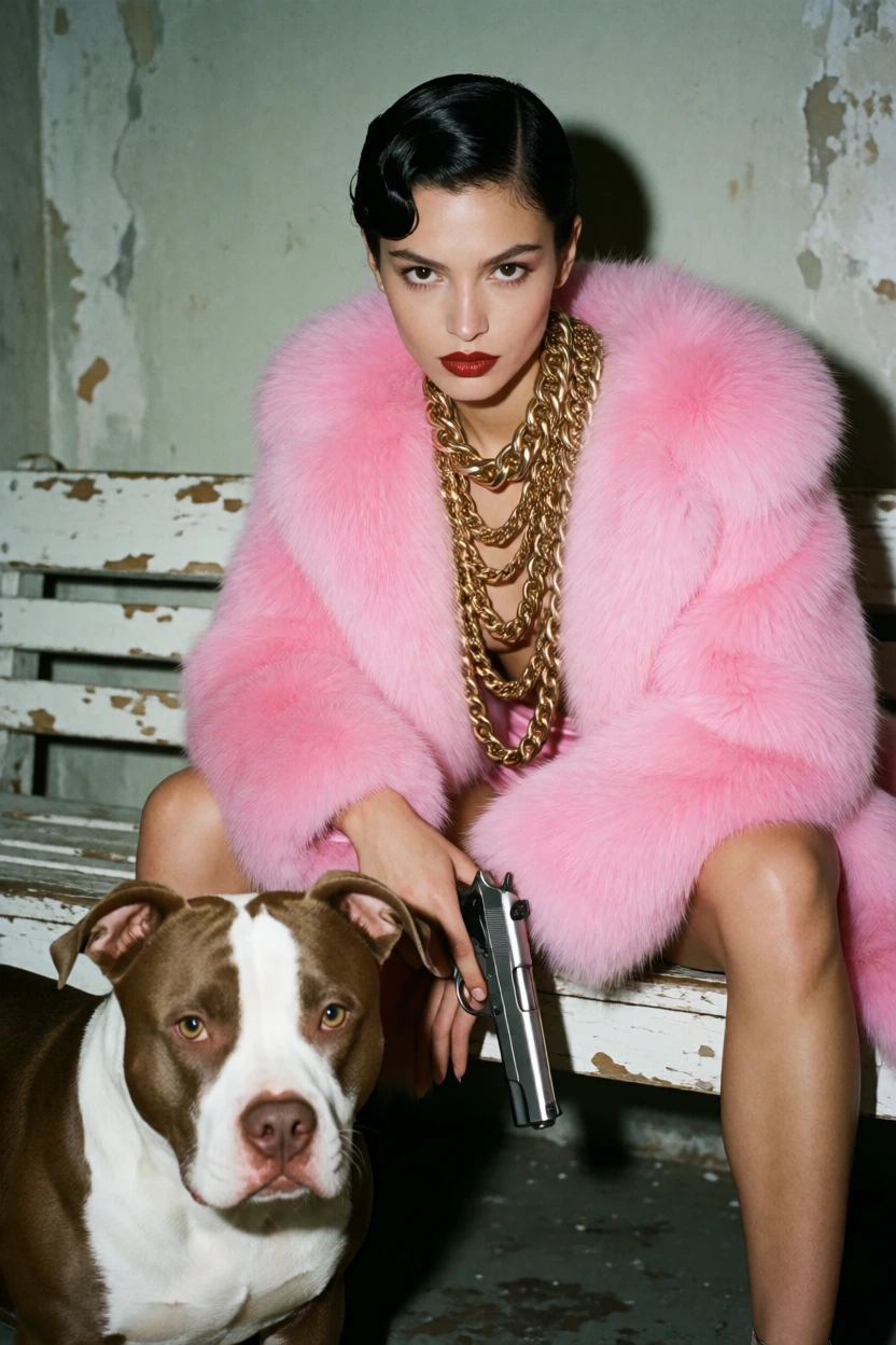A raw, high-fashion editorial shot featuring a fierce woman embodying a "mob boss" aesthetic, sitting on a distressed, chipped white wooden bench. She has short, slicked-back dark hair styled with 1940s-inspired finger waves and an intense, piercing