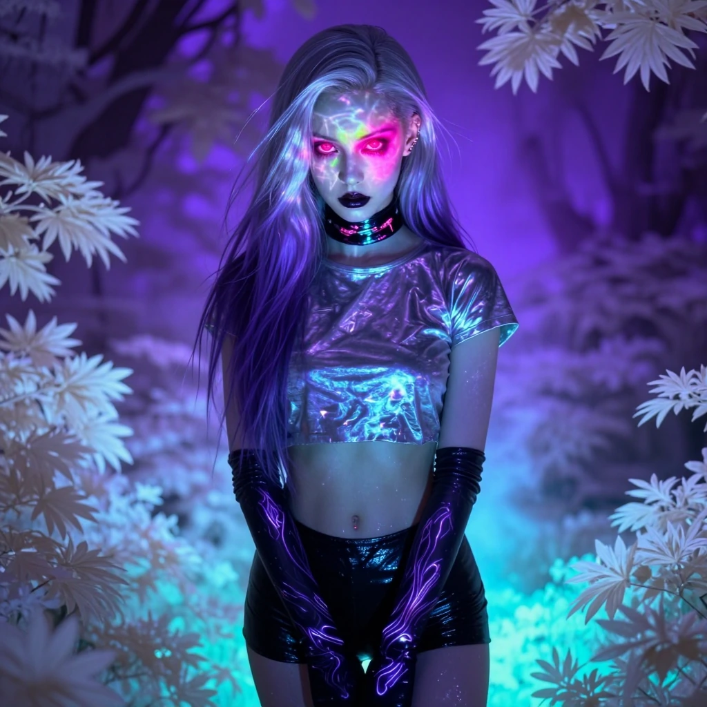 official style, masterpiece, best quality, amazing quality, very aesthetic, absurdres, loonahumanv1, 1girl, solo, pale luminescent skin with subtle violet undertones, side cut hair with iridescent silver-to-deep-purple gradient, long hair shimmering 