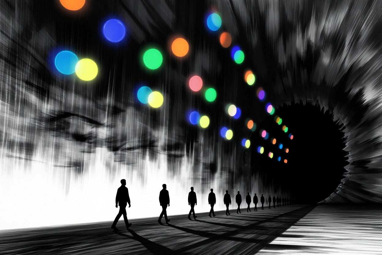 Traced figures, multicolored and monochrome color scheme, afterimages walking into the blackhole, Bokeh effects, high-resolution, silhouetted, falling