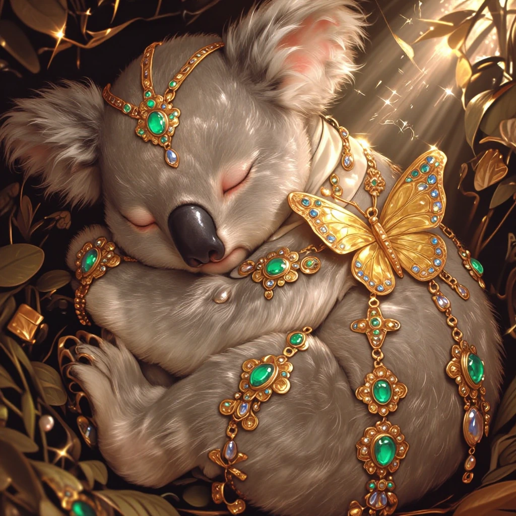 Sleeping baby koala wearing a golden butterfly and cascading jewels, soft grey fur, emerald and sapphire stones catching starlight, ethereal luxury.