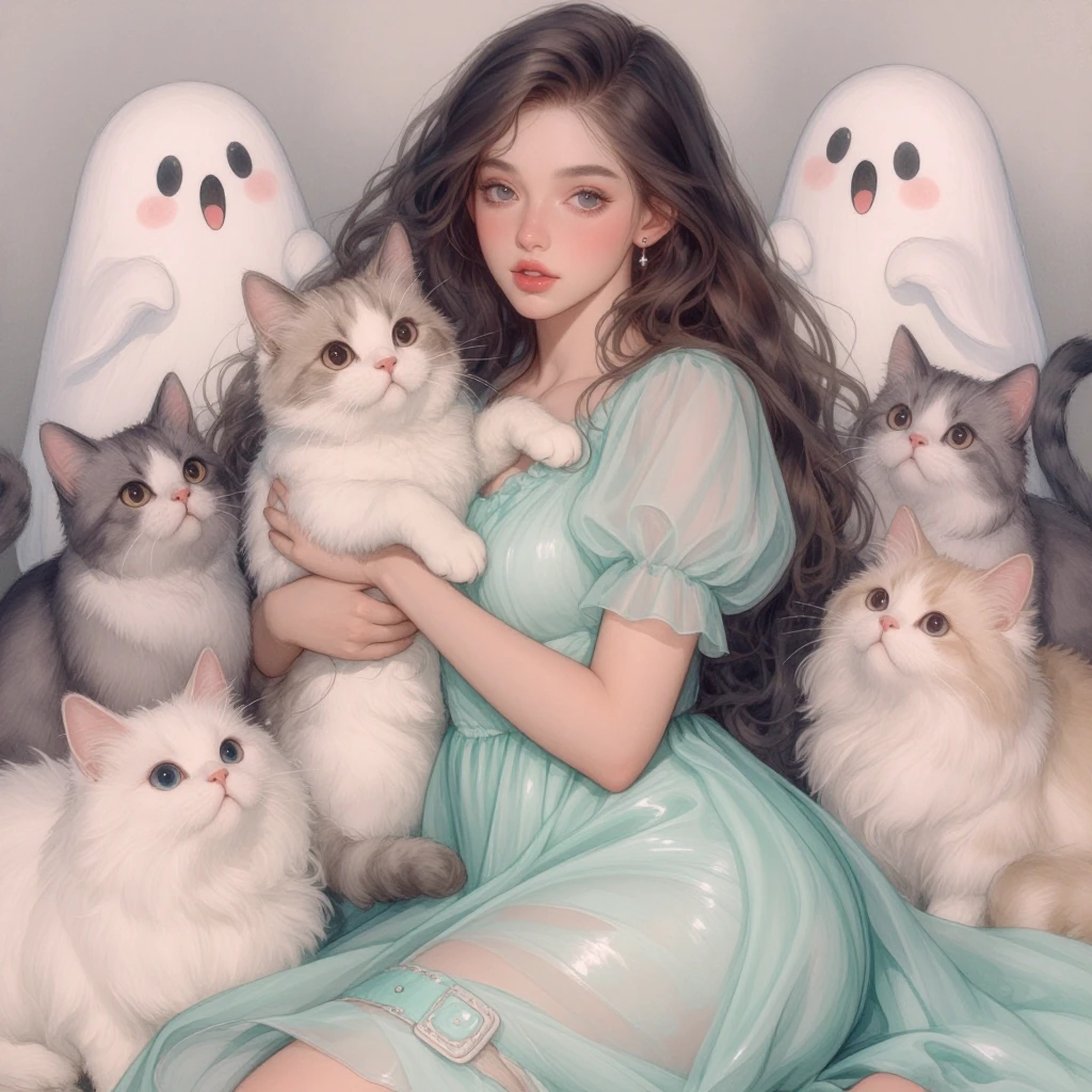 Dreamy pastel watercolor painting of an ethereal woman in a mint green gown, surrounded by adorable plump cats with big eyes and friendly cartoon ghos