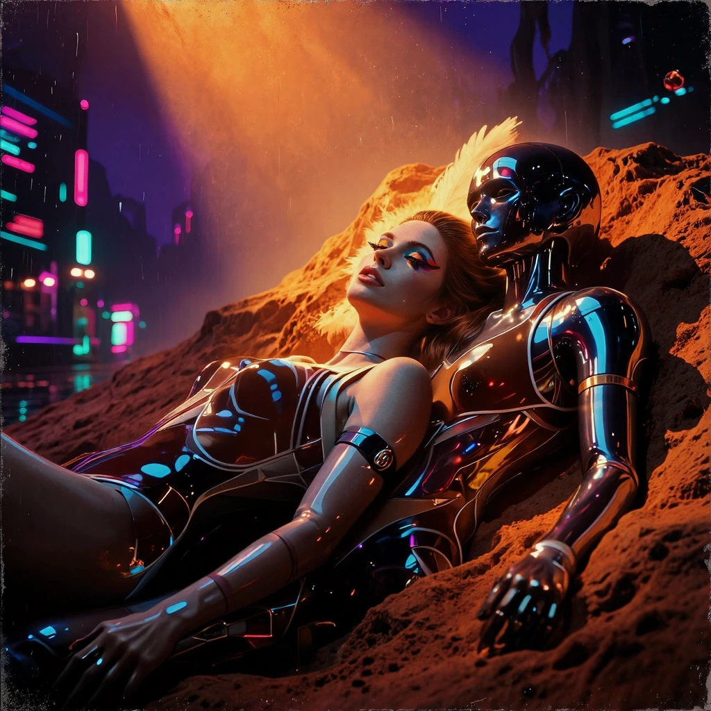 A striking 1980s sci-fi aesthetic close-up portrait of an ethereal woman with luminous skin, bold geometric makeup with iridescent eyeshadow, lying gracefully on rust-colored alien sand, her feathered hair catching golden sunlight, wearing a metallic