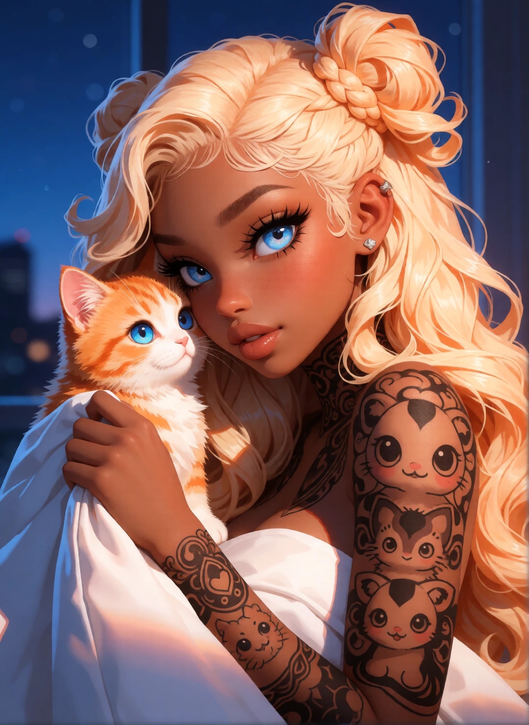 beautiful blonde African American tattoo woman in the evening with her cat. Getting under the covers. bright blue eyes, in the style of high dynamic r
