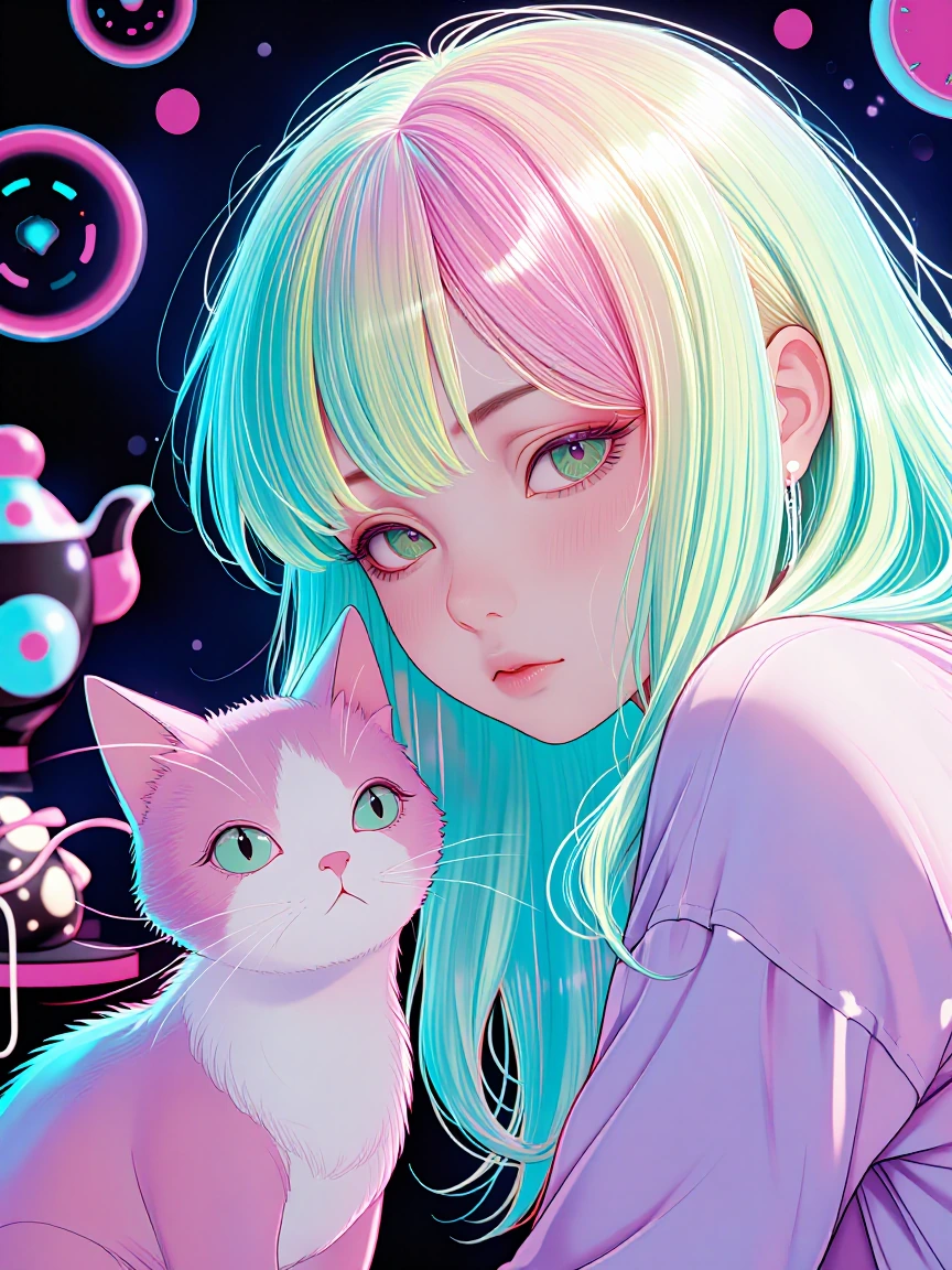 Anime woman with rainbow pastel hair and cat companion at tea table, vibrant digital art, neon glitch aesthetic, soft dreamy lighting, surreal whimsical composition, kawaii cybergoth style, layered translucent elements, dark moody background with col