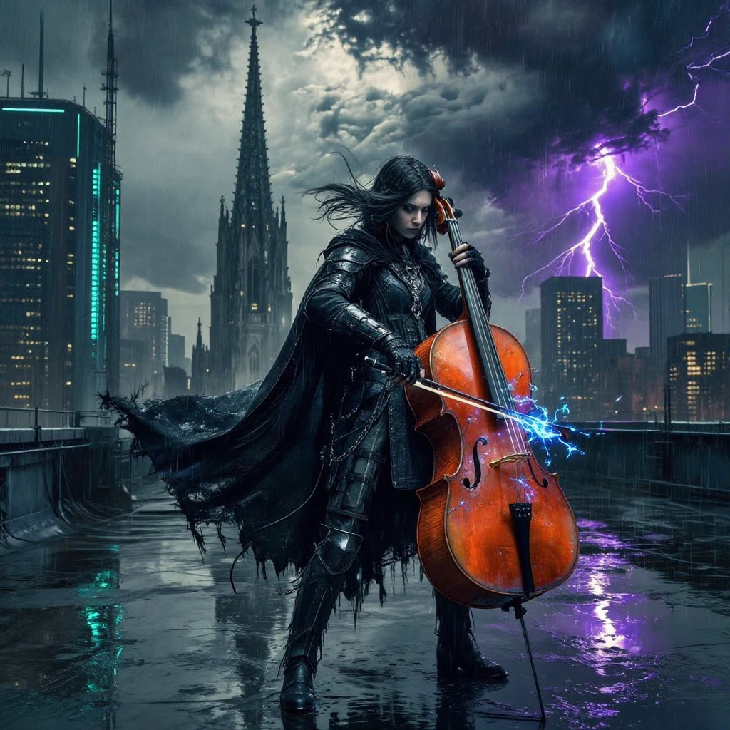 Woman in tactical-gothic armor, tattered cloak streaming behind her, draws a neon-orange cyber-cello's bow across crackling blue electric arcs on a ra