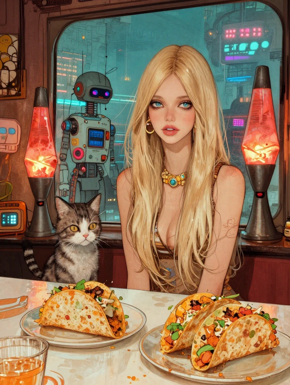 Fashion illustration, 70s style blonde long straight hair, with a cat, futuristic, robot, lava lamp, 70s decor, big window, cyberpunk scenery out the window, tacos on the table, taco Tuesday theme