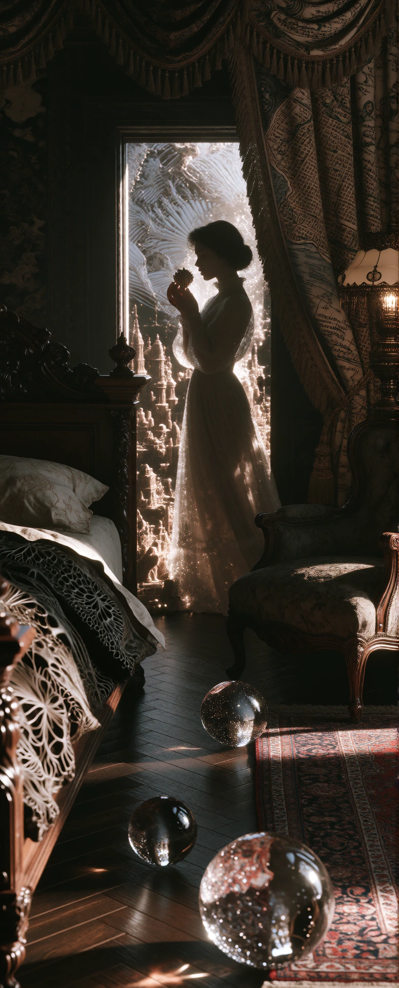 An ultra-long, narrow vertical cinematic portrait composition (9:21 aspect ratio), capturing an intimate, dark vintage bedroom with microscopic detail that becomes visible upon zooming. A single woman stands centered in a bright, textured, back-lit d
