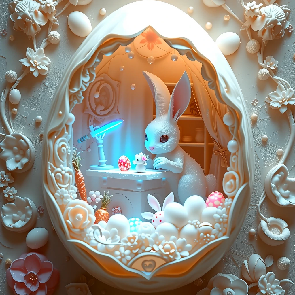 Ultra-delicate eggshell carving featuring Easter bunny at his workshop, surrounded by miniature decorated eggs, carrot patch, spring blossoms, all in monochromatic ivory tones, multi-layered relief carving, translucent milky shell, soft diffused ligh