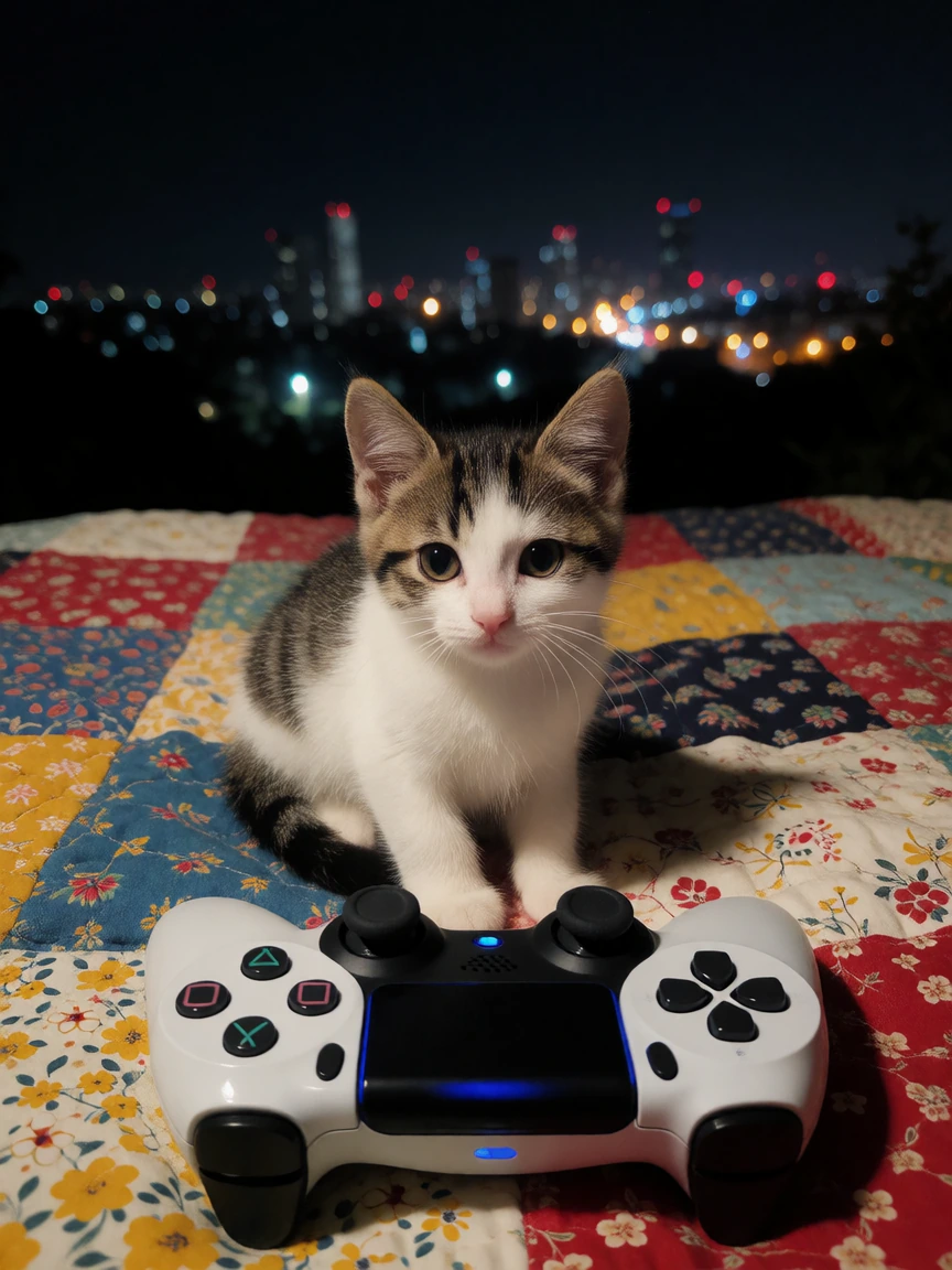 Kitten on a colorful quilt by a game controller at night. City lights. Amateur photo