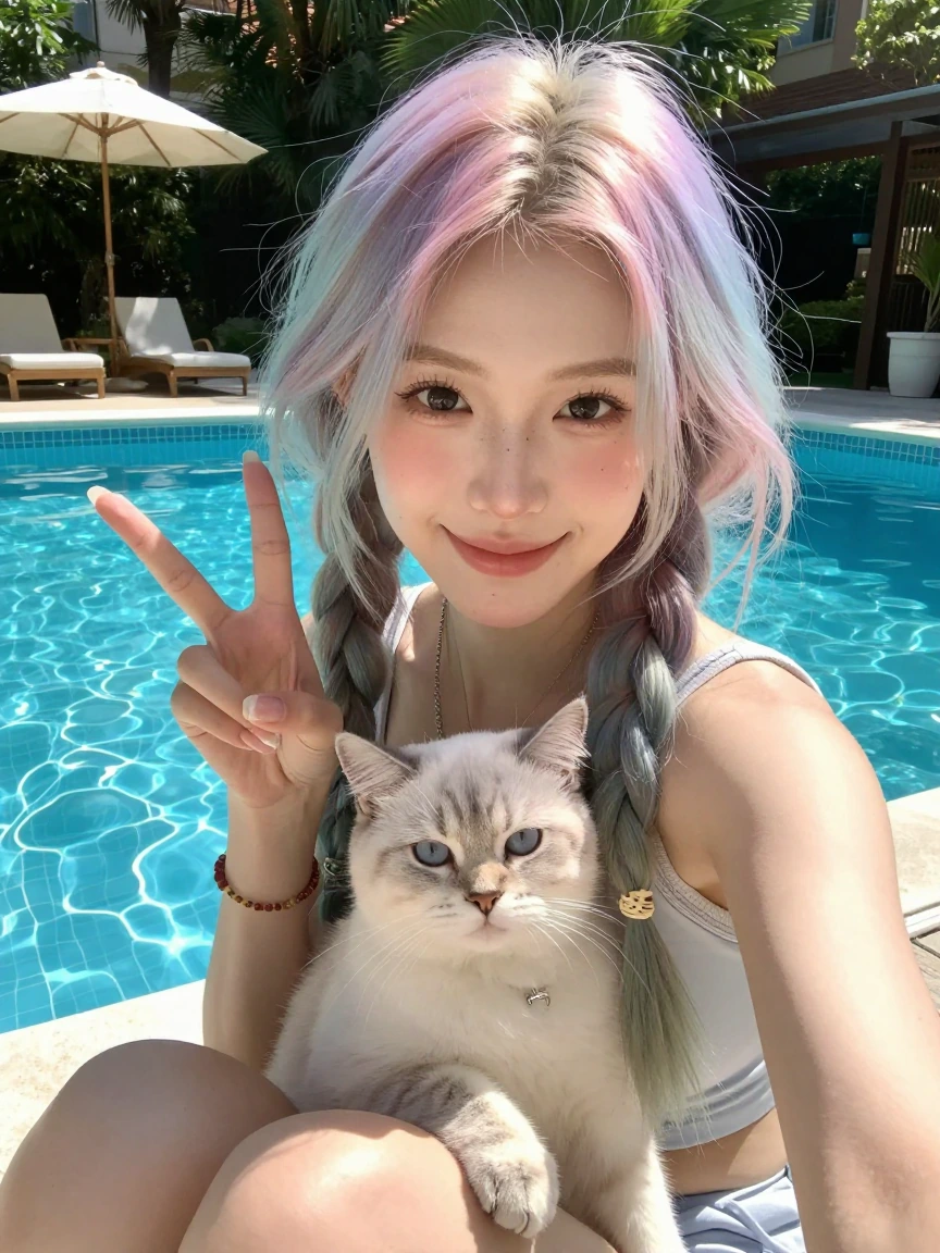 Woman pastel hair, taking a selfie with her cat while she sits by the pool. It sure is sunny today. I hope you all are having a good time. Be safe and have fun! I am enjoying the summer while itโs here.โ๏ธ๐ Peace โฎ๏ธ