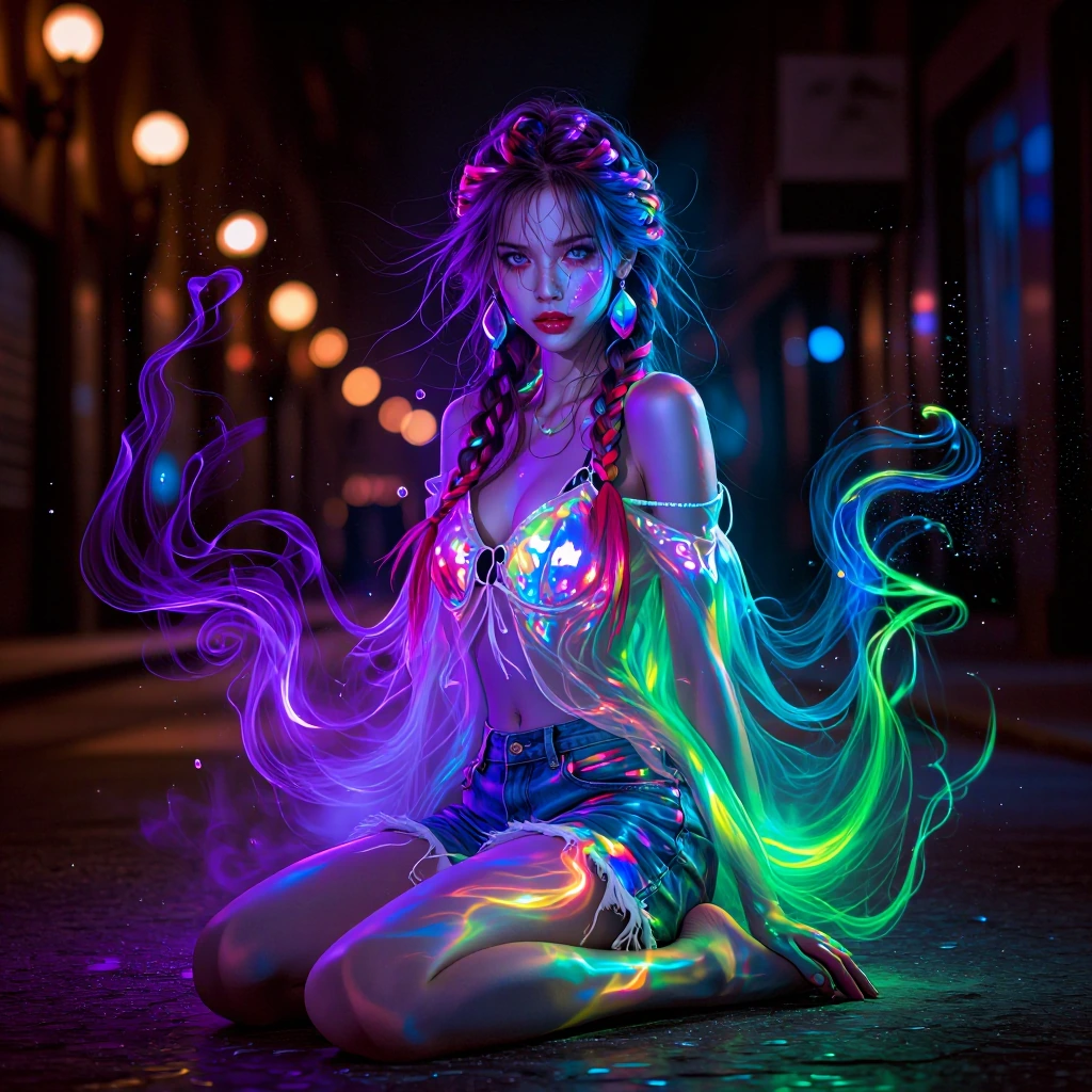 Young woman, porcelain pale skin glowing with bioluminescent violet undertones, electric cobalt eyes bleeding chromatic aberration in neon cyan, scarl