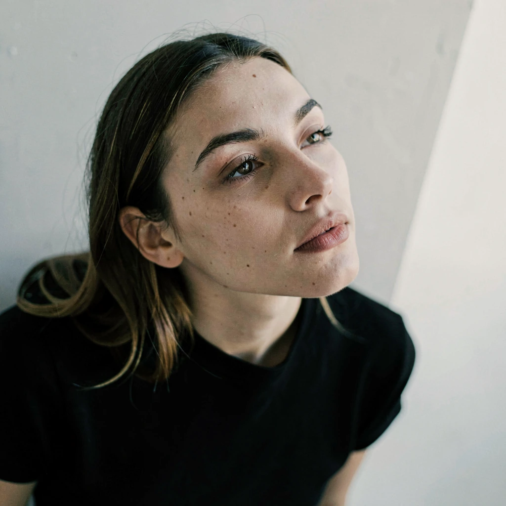 cinematic dutch-angle shot: model Stellar in minimalist portrait style
