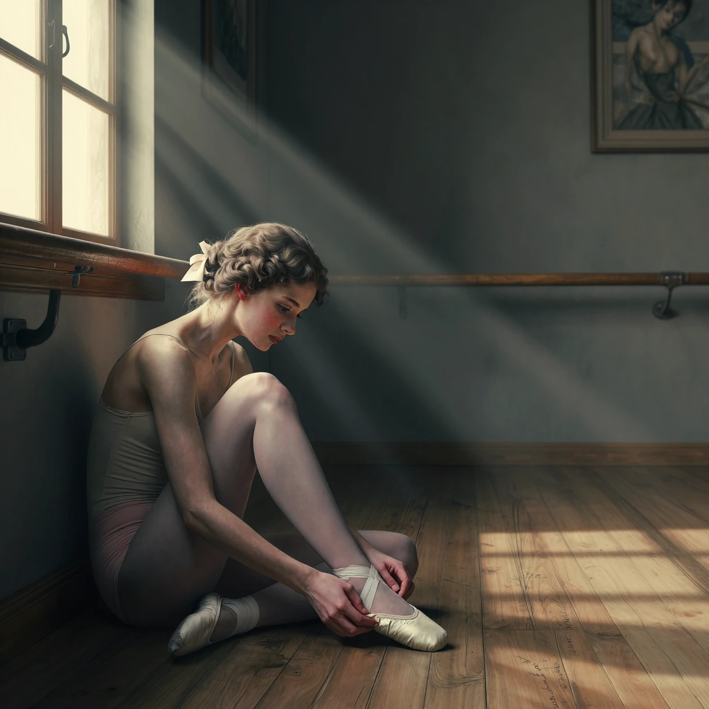 Masterpiece, best quality, ultra-detailed portrait, vintage storybook illustration aesthetic, young woman in graceful repose seated on worn wooden flo