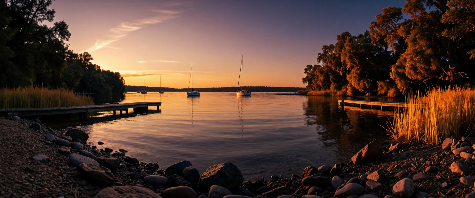 Capture a sweeping cinematic wide-angle view of a tranquil lake shore bathed in golden hour light, where warm amber and deep amber sunlight rakes across glassy water surfaces creating long mirror reflections. Weathered wooden docks extend into calm w