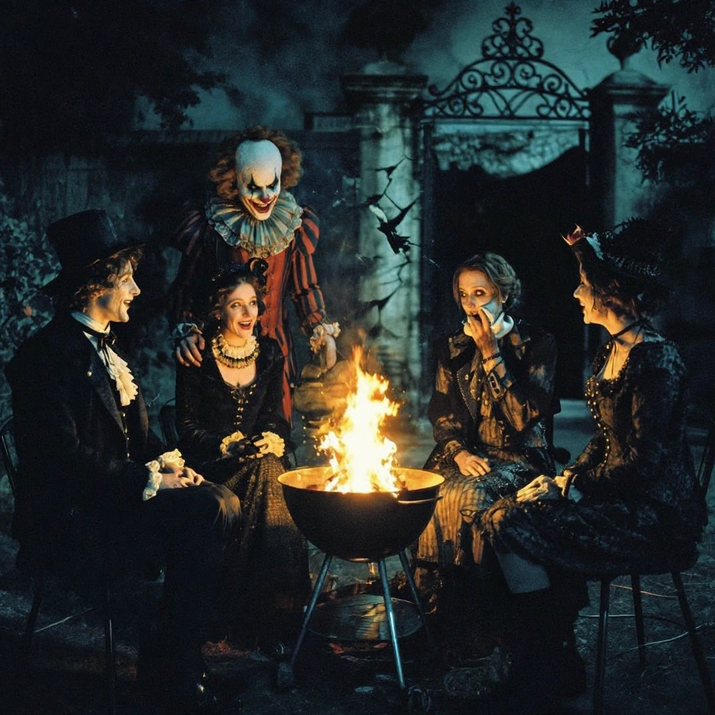 Night garden gathering lit by glowing barbecue in chiaroscuro—Victorian-Gothic figures in evening dress seated around flames, expressions ambiguous between laughter and dread. A killer clown intrudes. Shadows reveal uncanny details: an extra hand on