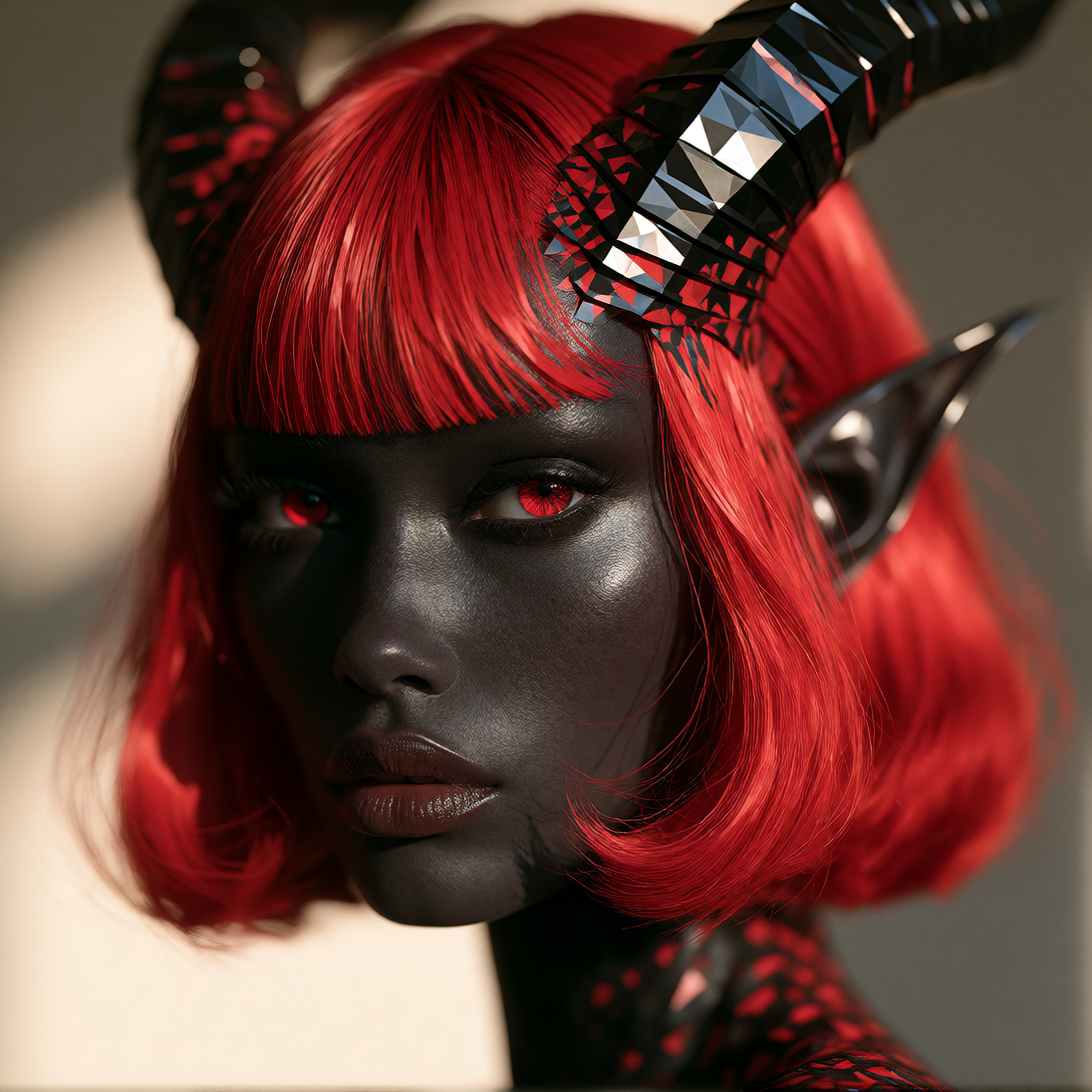 A majestic woman with deep, dark grey skin and vibrant crimson eyes. Her hair is a striking red bobcut with sharp, blunt bangs framing her face, styled with geometric precision. Distinctive, elongated dragon horns curve elegantly and extend further b