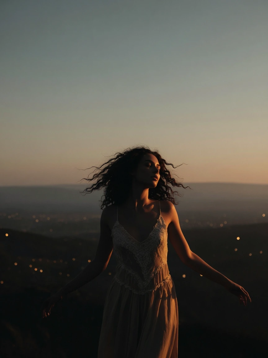 The music was only hers. Zara — voluminous curly hair fanning, lace slip dress, warm golden skin luminous in candlelight, arms loosely raised, expression soft and blissful. Film grain heavy. Shadows deep. Still somehow the brightest thing in the room
