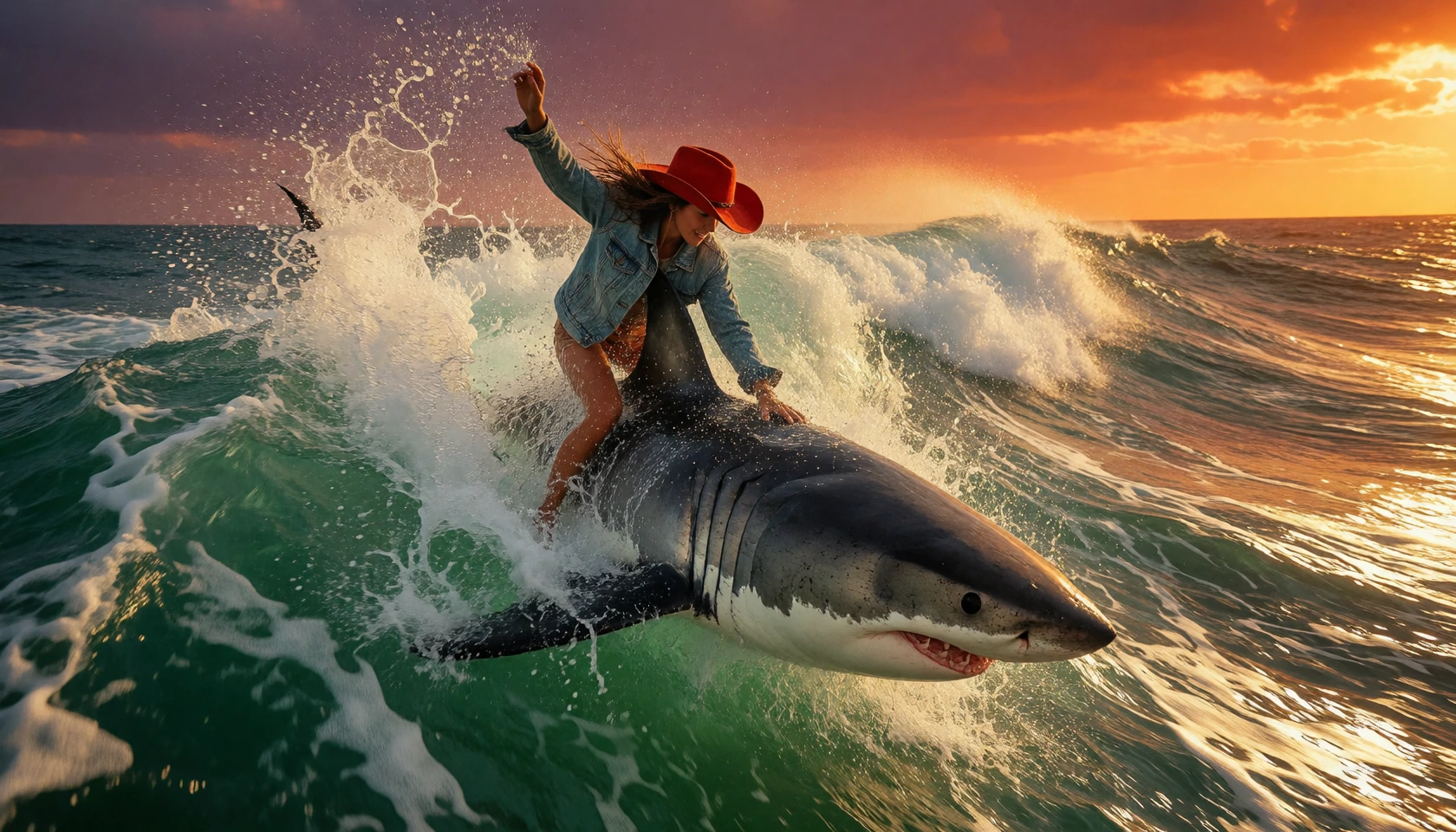 The woman is not on a surfboard. Capture a fearless surfer woman riding on the back of a massive great white shark rodeo-style across a churning Pacif