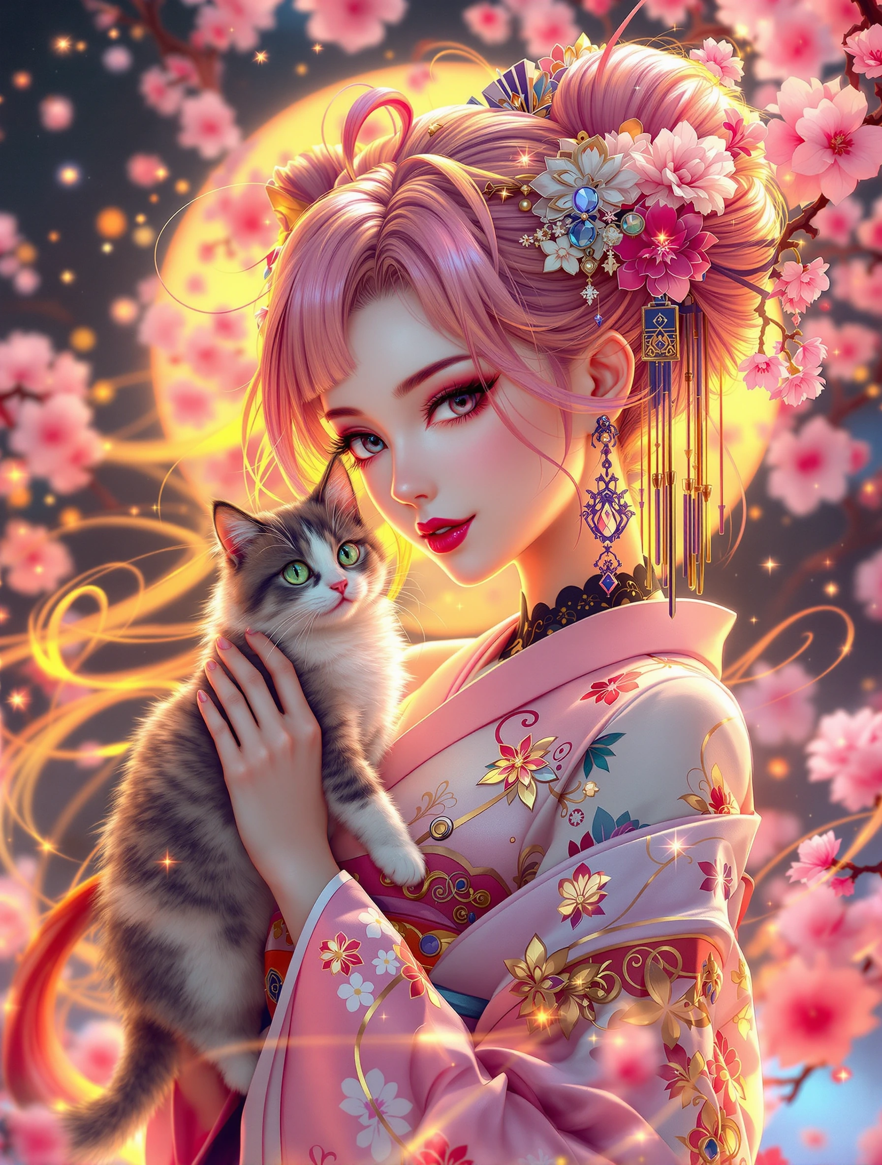 Beautiful cyberpunk geisha, pink and yellow ombre hair, with a cat, manga illustration, 3-D, airbrushed, beautiful pose, cherry blossoms, swirls, and lights