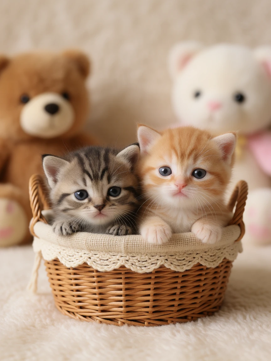 Amateur photograph of the cutest tiniest kittens in the cutest little basket. Cute background.