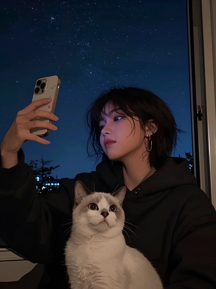 Crazy girlfriend, taking a selfie with her cat, nighttime window, starry skies