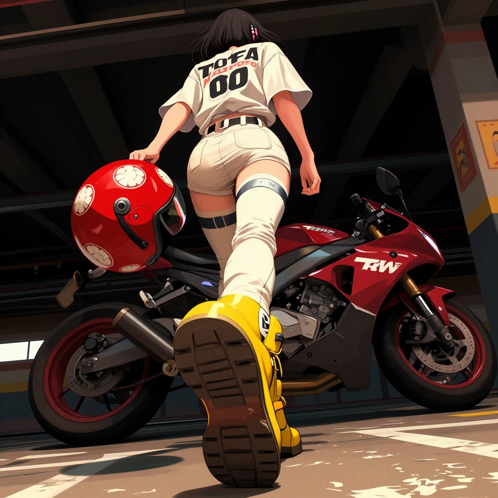 Hyper-detailed anime style, cinematic perspective, gritty and dramatic lighting, bold contrast with saturated colors. A low-angle tilted cinematic street-style shot of a parking lot, looking up at an anime girl holding a red motorcycle helmet in one 