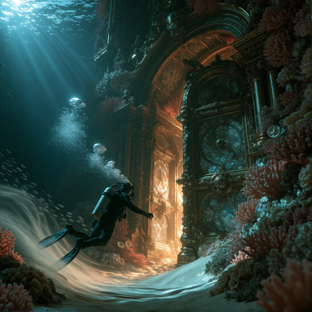 A lone scuba diver hovers before an ornate, impossible doorway half-buried in the seafloor, its frame encrusted with barnacles and calcified coral that pulse faintly with bioluminescent blue-green light seeping through cracks in the ancient wood-and-