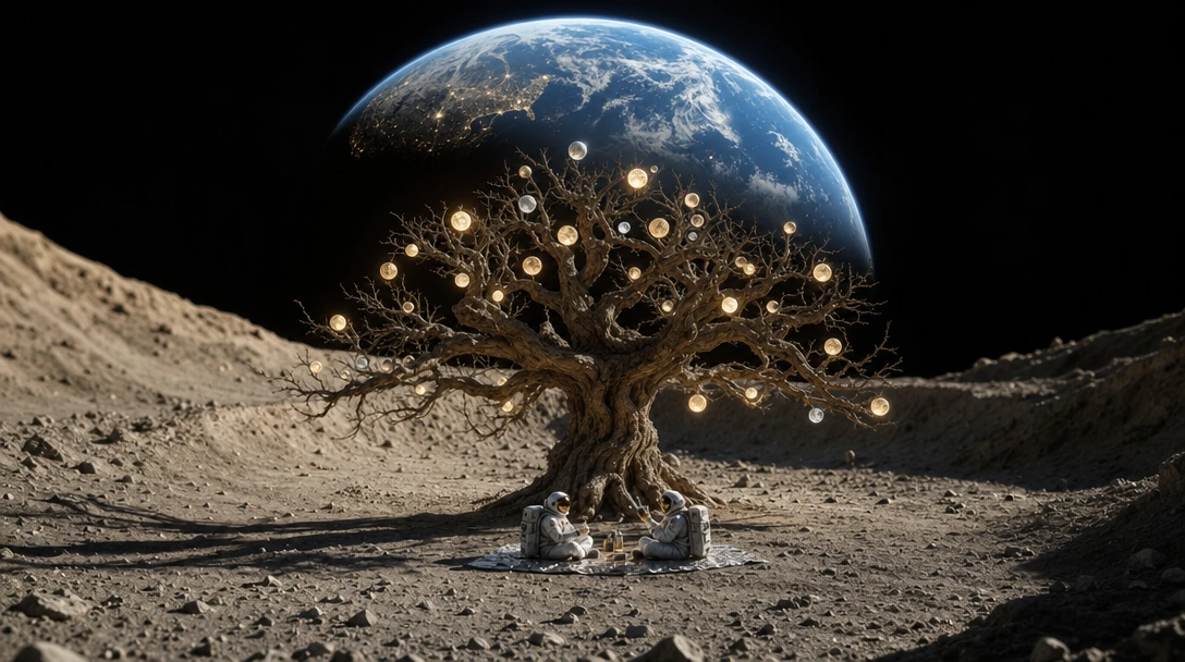 Photorealistic wide-angle shot of a colossal oak tree rooted in a lunar crater's center, its gnarled branches bare except for dozens of miniature luminous moons in orbital paths around each limb—glowing softly in pale yellow and silver. Two suited as