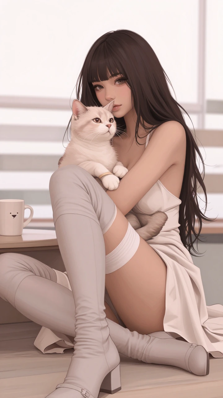 beautiful woman with a cat, pastel goblincore, wearing thigh high boots, morning coffee
