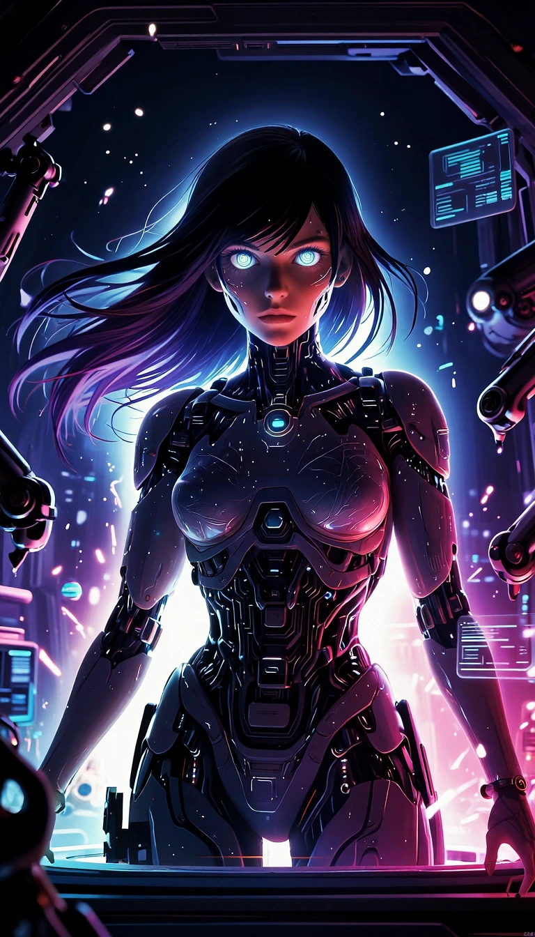 " Create an ultra-detailed, cinematic 2D render of a female human–cyborg hybrid that appears lifelike and subtly animated through advanced optical ill