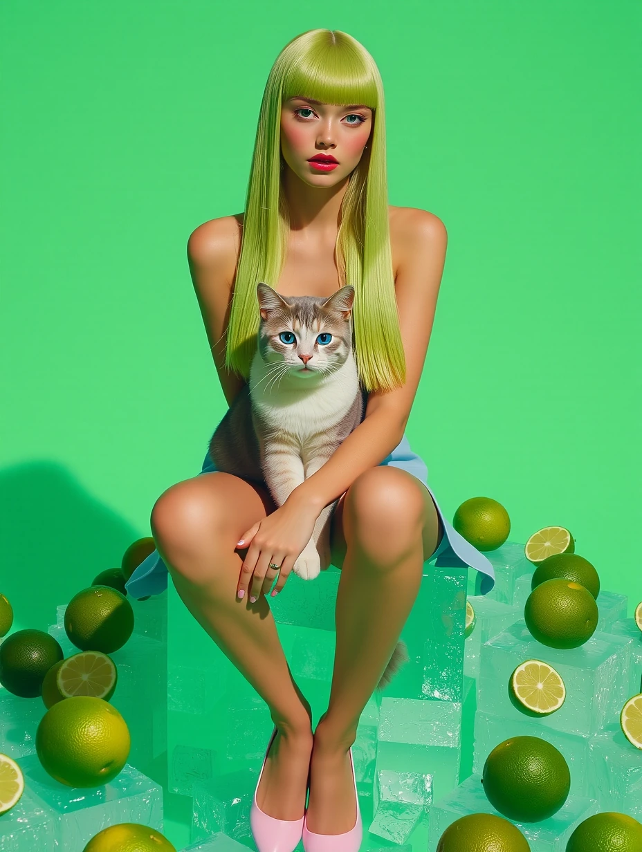 Beautiful woman sitting on an ice cube, airbrushed, long straight green cream ombre hair with bangs, with a cat, lime aesthetic , limes everywhere, minidress