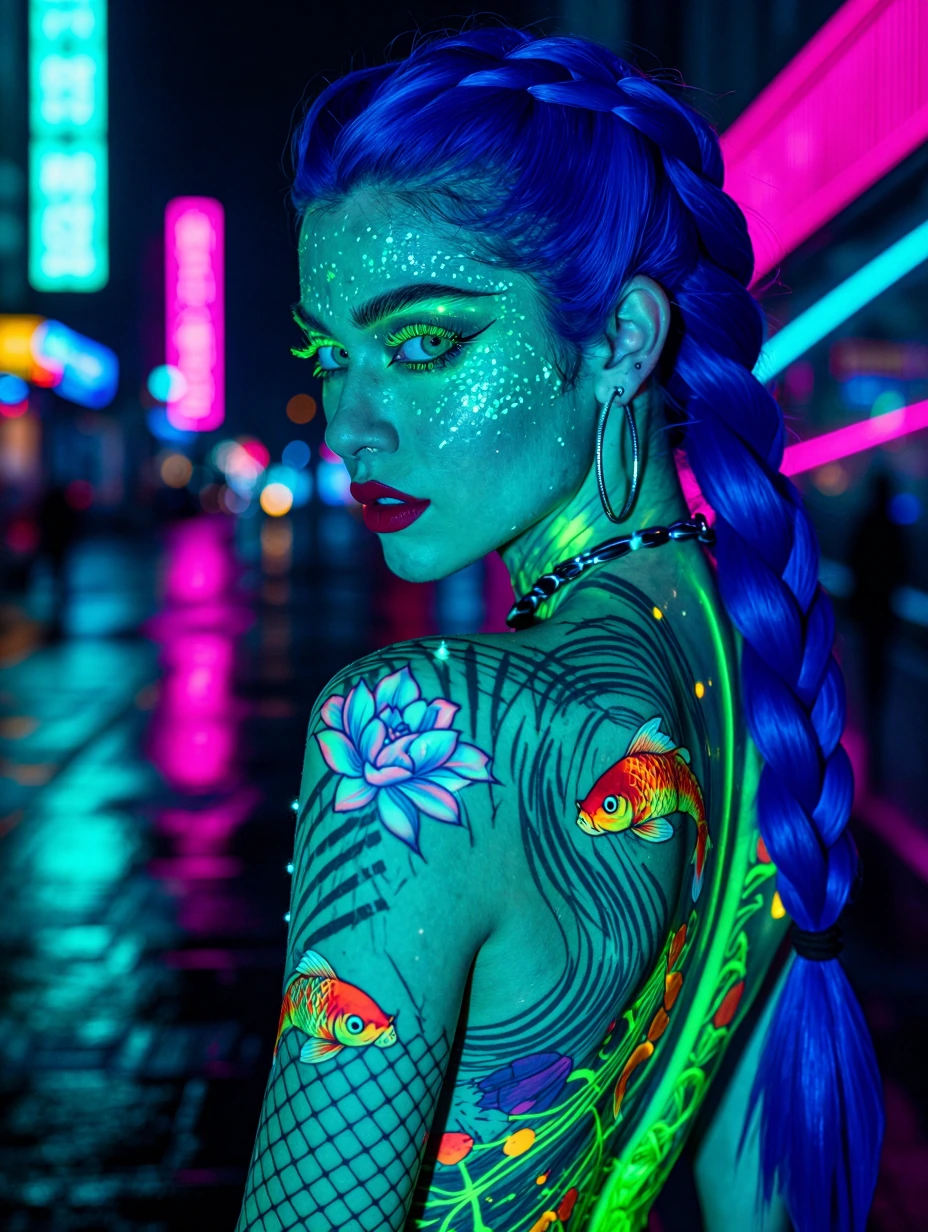 Blacklight paint (highly detailed face, expressive eyes:1.2), woman with vivid blue braided hair, intricate tribal tattoos covering back and shoulder,