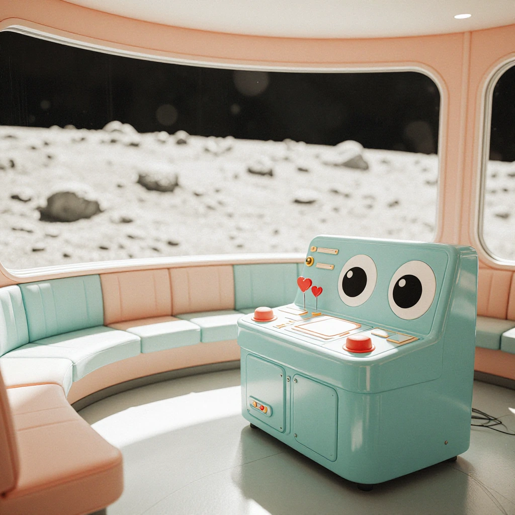 Close-up of a cute moon base observation deck with character-designed control panels featuring big expressive eyes, soft mood lighting in peach and mint tones, plush seating, and large curved windows showing the lunar surface dotted with heart-shaped