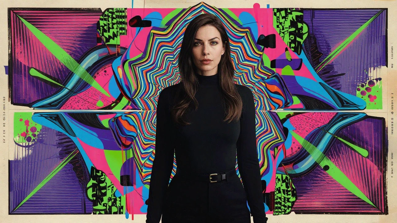 Photorealistic woman in black, centered and calm, surrounded by a 1960s psychedelic poster environment—swirling geometry, melting shapes, hot pink electric blue acid green deep purple, optical illusions and graphic lines meeting sharply at her silhou